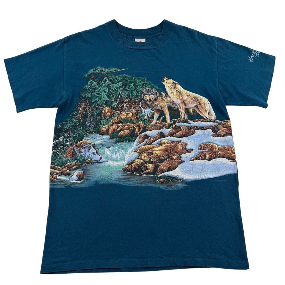 Vintage 90s Wolf Forest Stream Wraparound Michigan Nature Shirt Medium